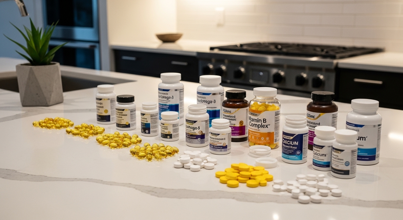 현대적인 주방 카운터 위에 놓인 오메가-3와 비타민 B 복합체