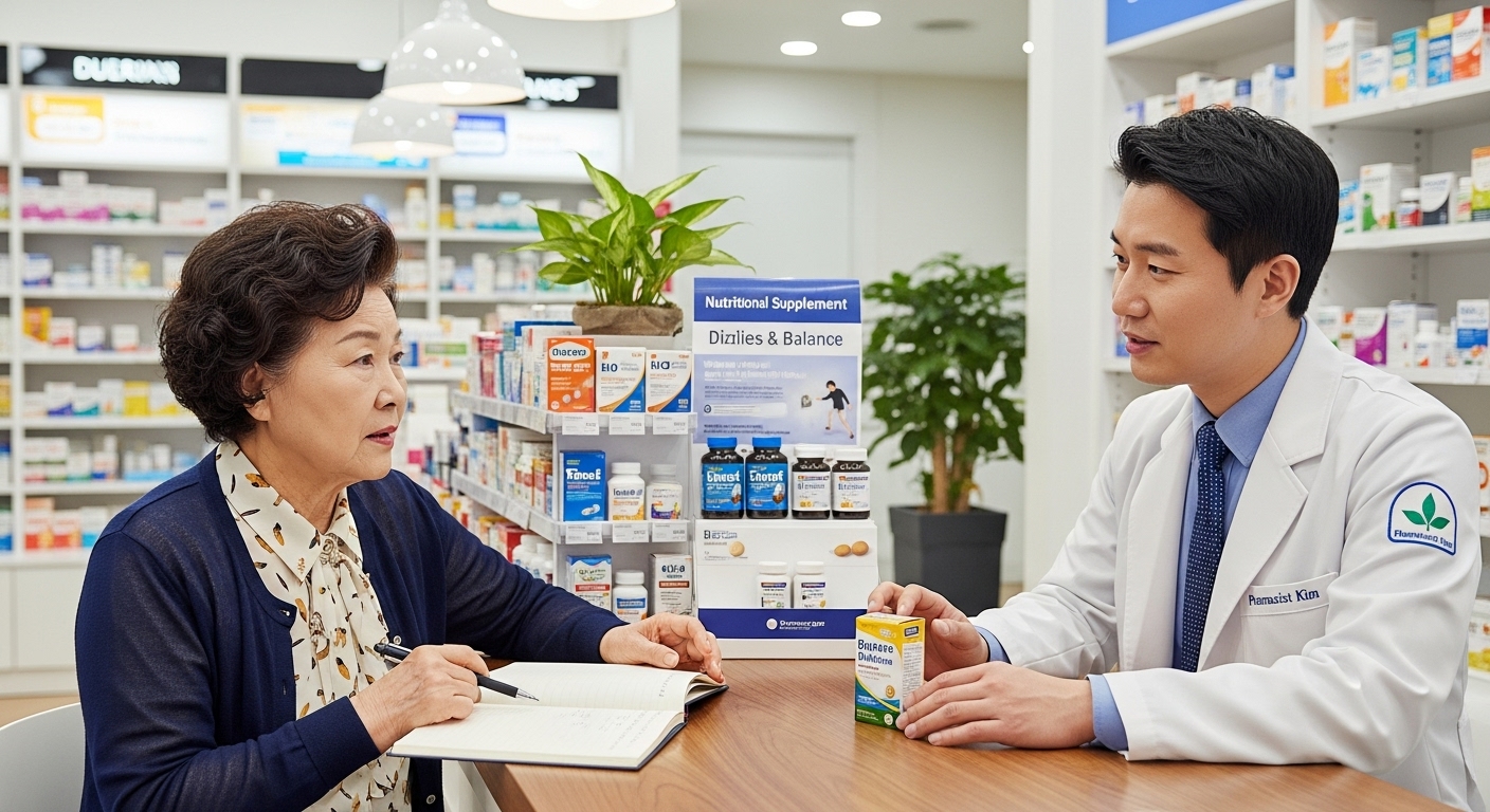 약국에서 상담받는 노년 여성의 모습