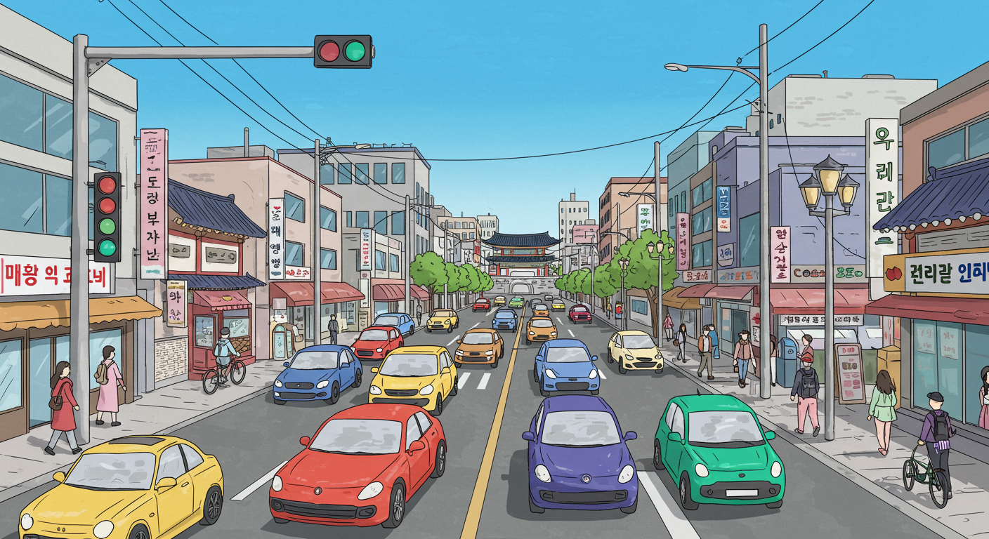 한국 도시 거리에서 다양한 종류의 자동차들이 주행 중인 모습