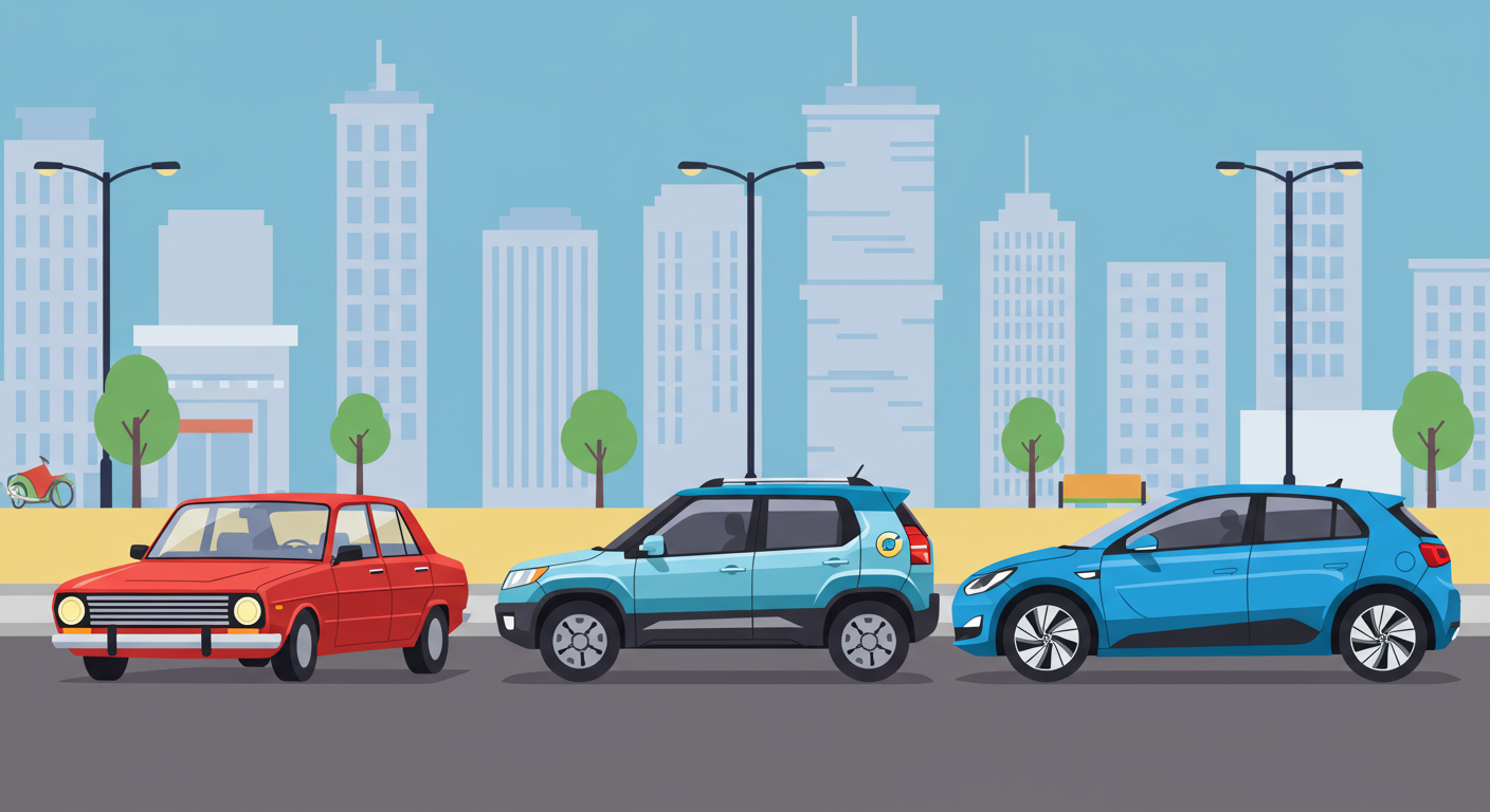 전통적인 내연기관 차량과 하이브리드 및 전기차가 나란히 있는 도시 풍경