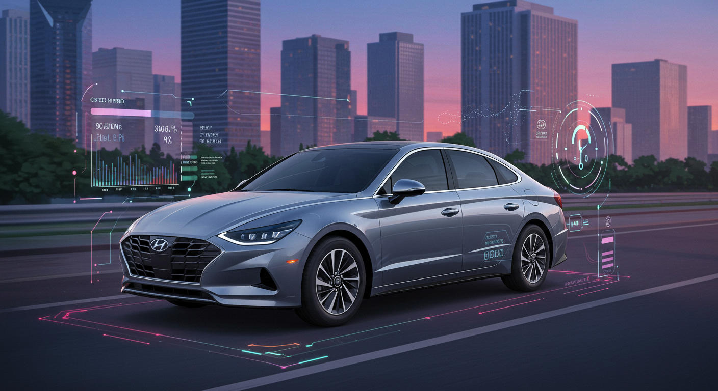 현대 쏘나타 하이브리드가 도로를 달리며 에너지 효율성을 나타내는 디지털 그래픽
