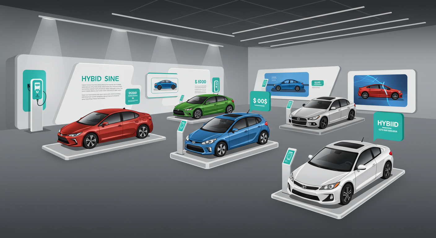다양한 하이브리드 모델들이 가격표와 함께 쇼룸에 전시된 모습