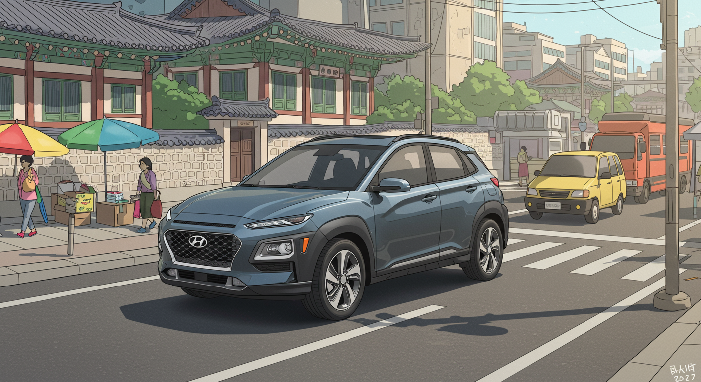 바쁜 한국 도시 거리를 부드럽게 주행하는 코나 하이브리드