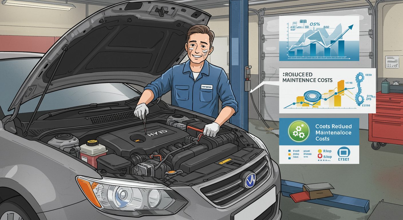정비사가 차고에서 하이브리드 차량을 수리하며 유지 비용 절감을 나타내는 장면
