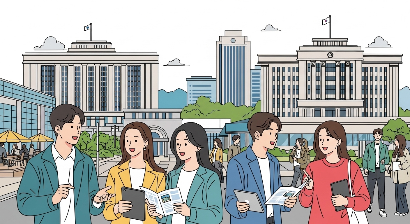 젊은 커플과 개인들이 도시에서 주거 기회를 논의하는 모습