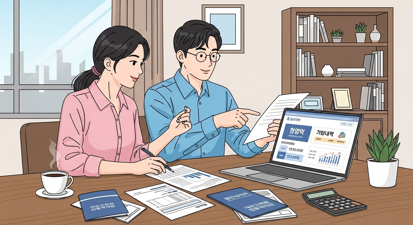 재정 서류를 검토하는 한국 부부의 세밀한 장면