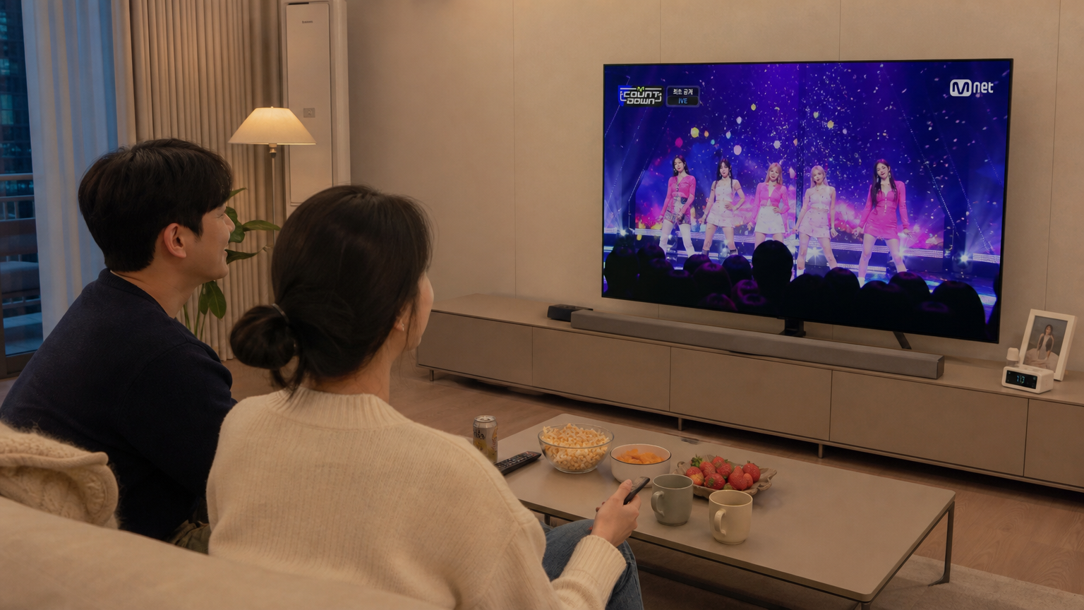 거실에서 대형 TV로 음악 프로그램을 시청하며 즐거워하는 현대 한국인 남녀