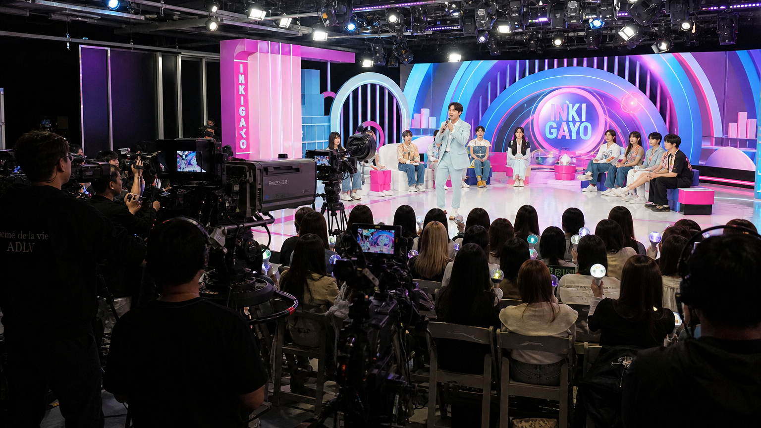 활기찬 분위기의 한국 방송 스튜디오에서 진행 중인 음악 예능 프로그램 촬영 현장