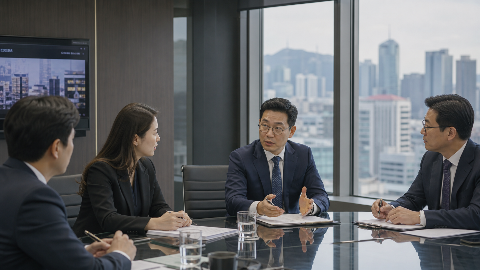 현대적인 한국 사무실에서 회의 중인 경영진들