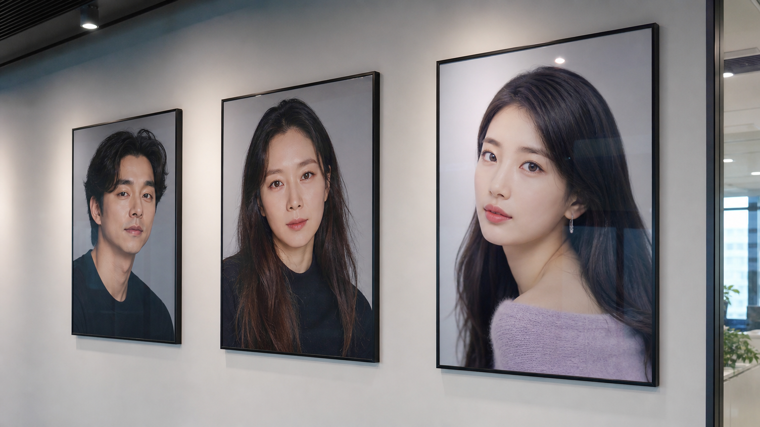 공유, 공효진, 수지 사진이 걸려있는 세련된 회사 내부