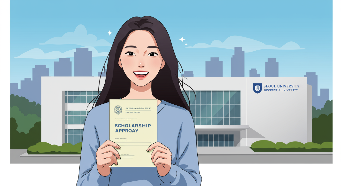 서울의 현대적인 대학교 건물 앞에서 장학금 승인서를 들고 기뻐하는 젊은 학생의 모습