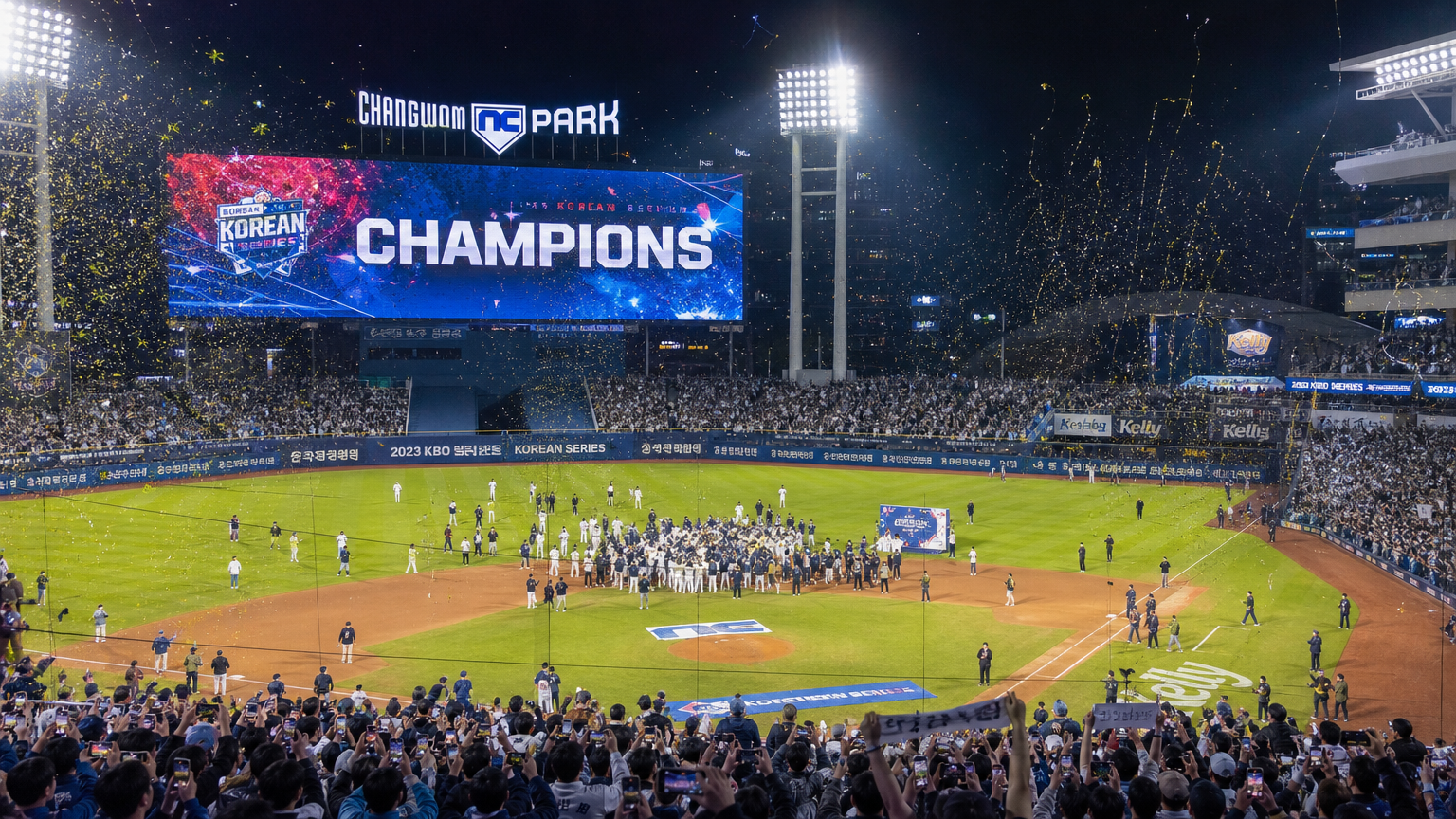 야구 경기장에서 팬들과 함께 우승을 축하하는 장면