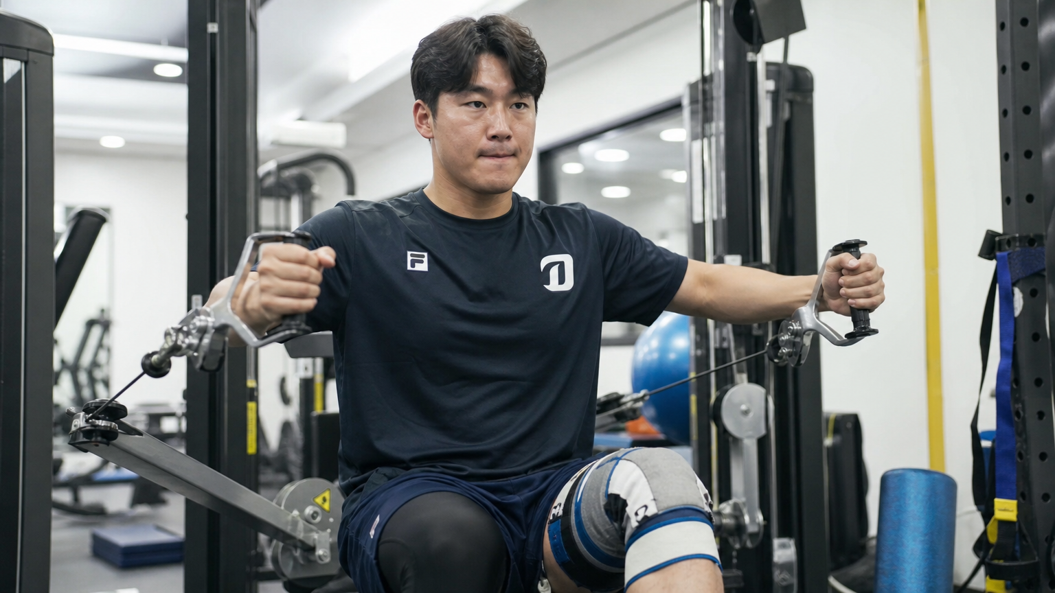 체육관에서 재활 훈련 중인 야구 선수의 모습