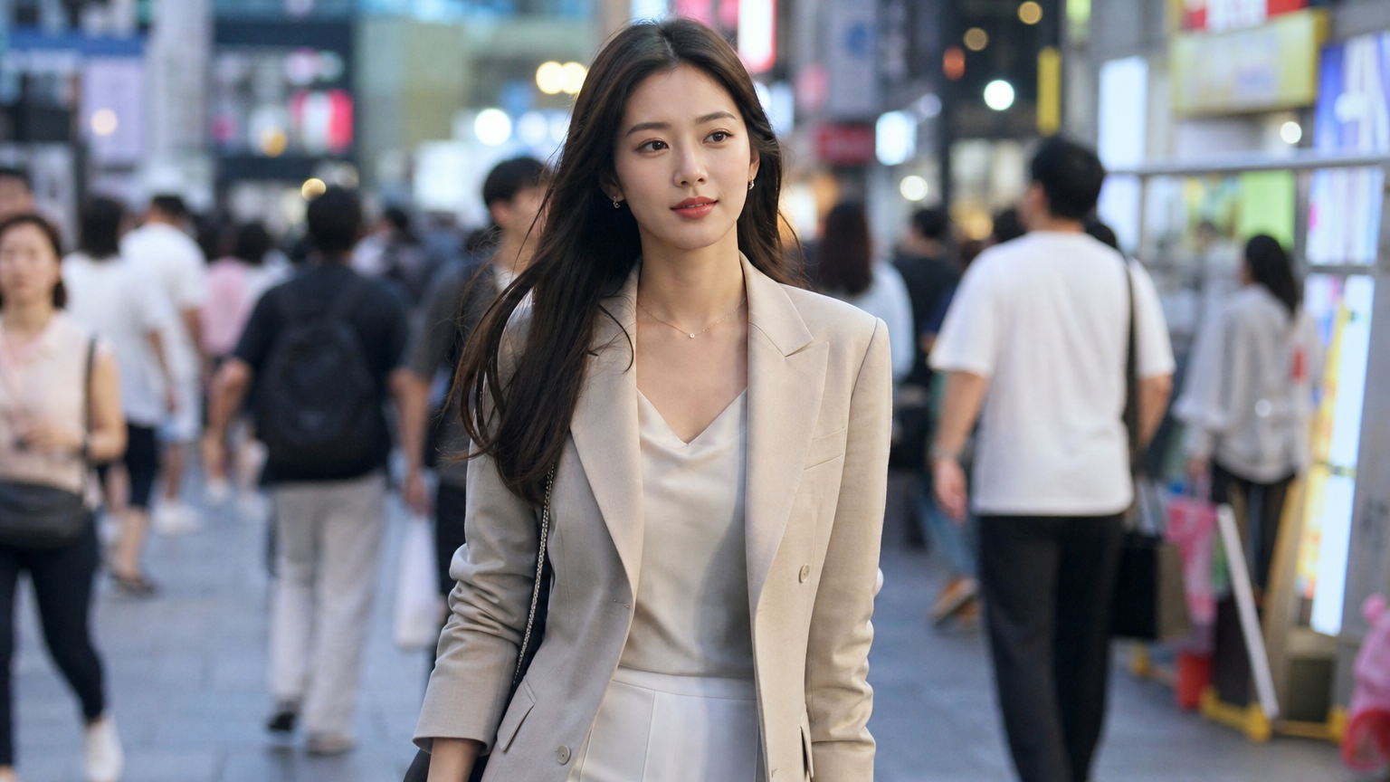 서울 거리에서 세련된 의상을 입고 당당하게 걷는 현대적인 여배우