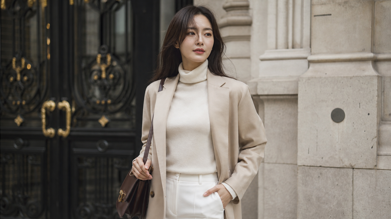 클래식과 현대 스타일을 조화롭게 입고 도회적 배경에서 우아함을 발산하는 여배우