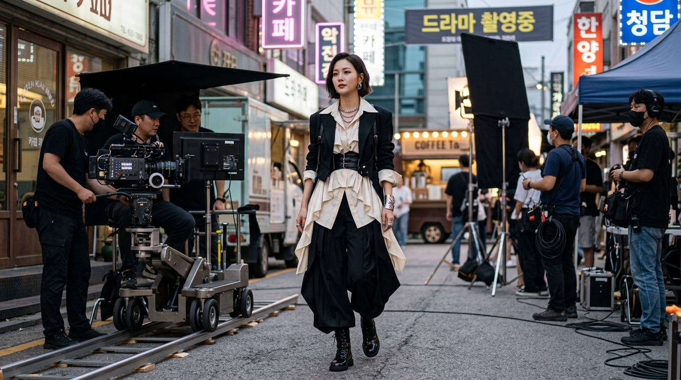 드라마 촬영장에서 캐릭터의 본질을 반영하는 아방가르드 스타일 의상을 입은 여배우