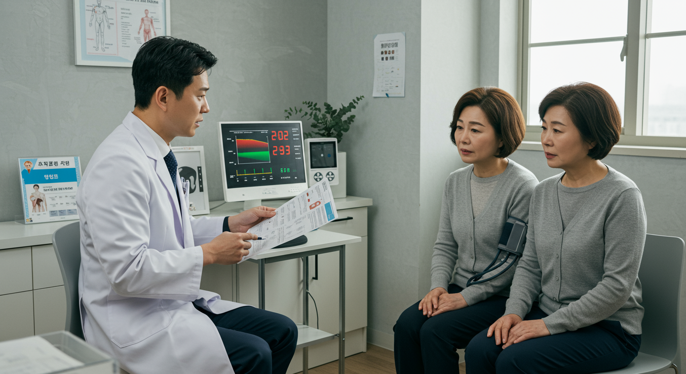 현대적인 병원에서 의사가 중년 부부에게 고혈압에 대해 설명하는 장면