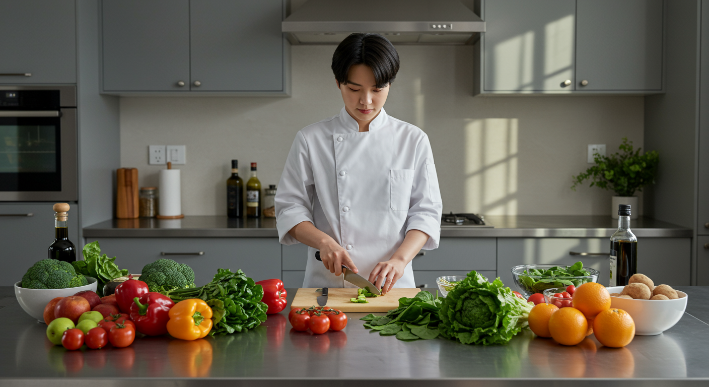 젊은 셰프가 신선한 채소와 과일로 건강식을 준비하는 주방 풍경
