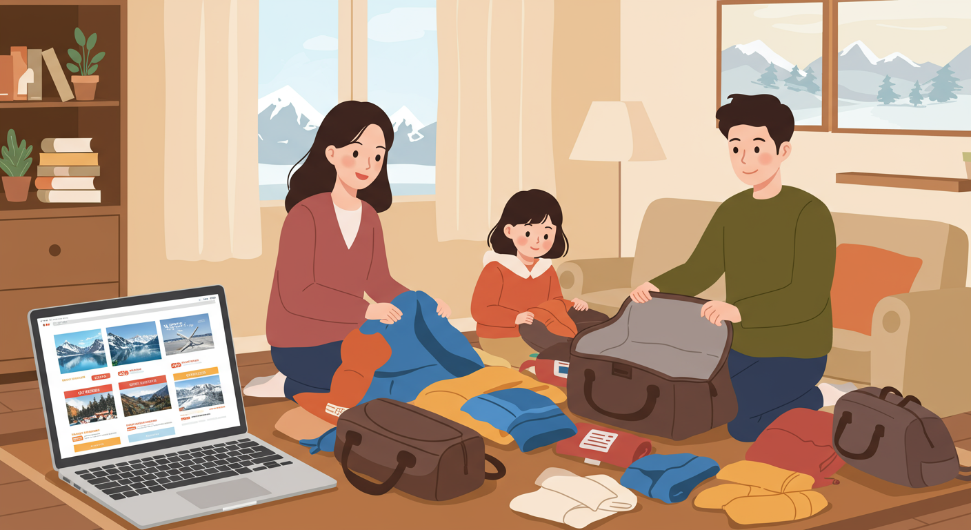 현대 한국 가족이 겨울 여행을 준비하며 노트북으로 할인 정보를 확인하는 모습