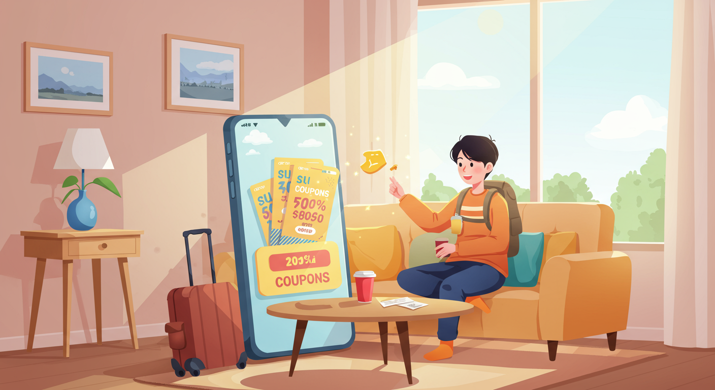 젊은 여행자가 아침 햇살 속에서 스마트폰으로 쿠폰을 받는 모습
