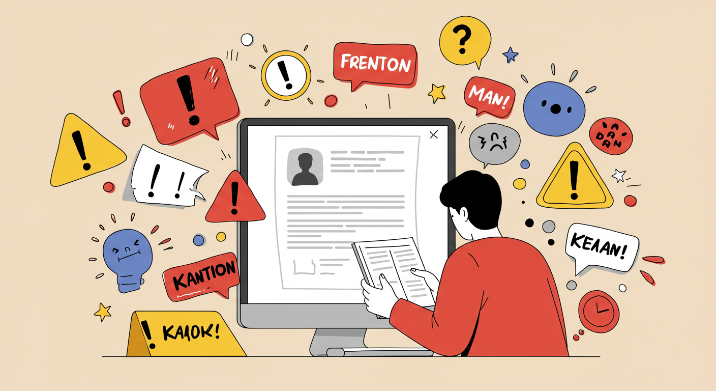 한국 사용자가 화면에서 주의사항을 읽고 있는 모습과 경고 심볼들