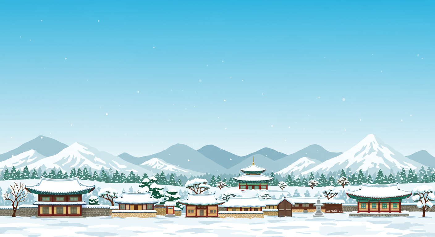 눈 덮인 전주 한옥마을과 경주의 인기 관광지가 있는 풍경