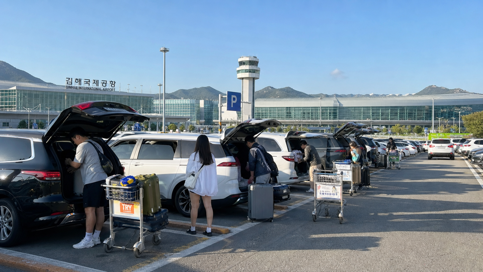 김해공항 주차장에서 장거리 여행을 준비하는 여행객들