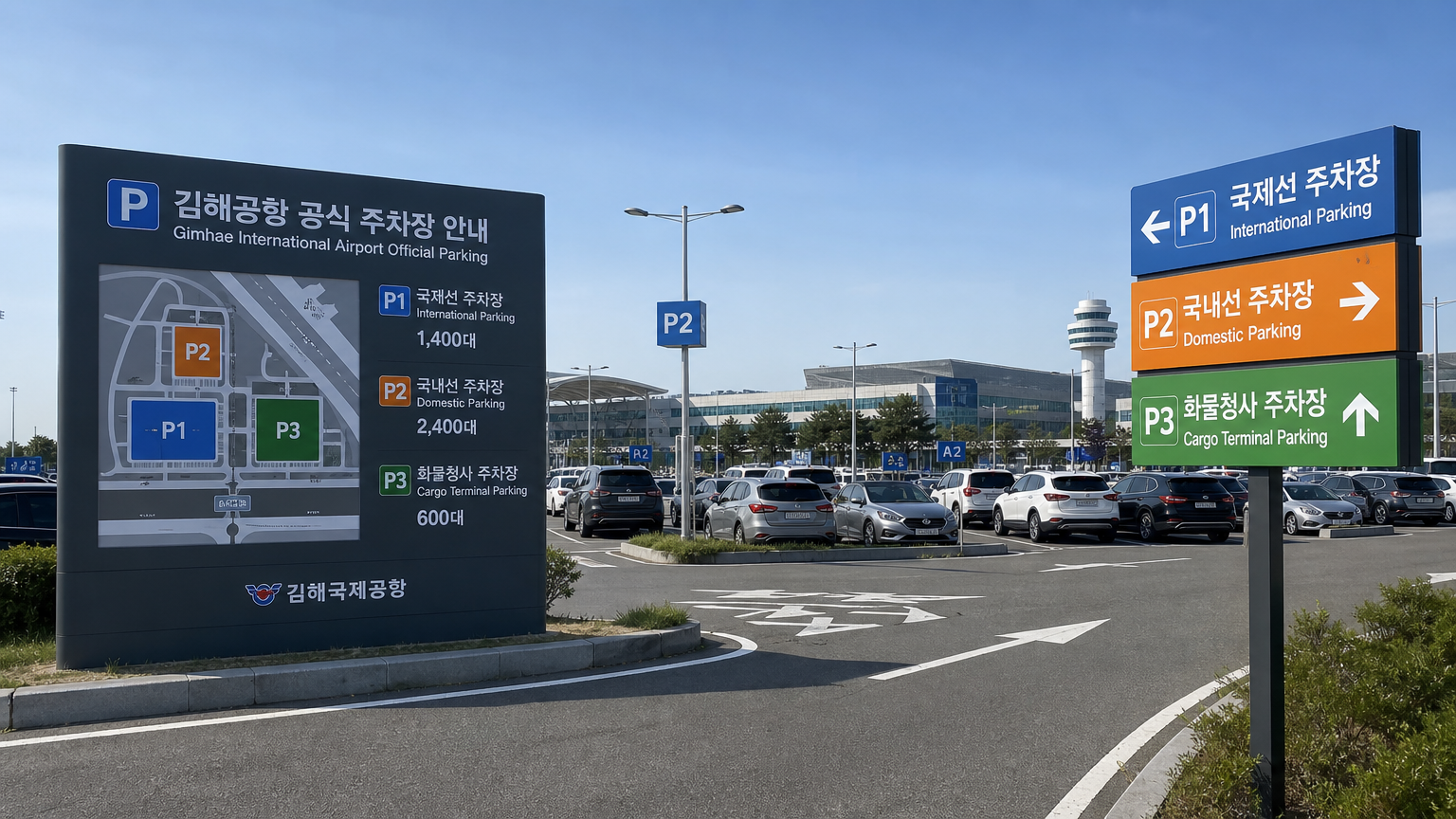 김해공항의 P1, P2, P3 공식 주차장의 전경과 안내 표지판