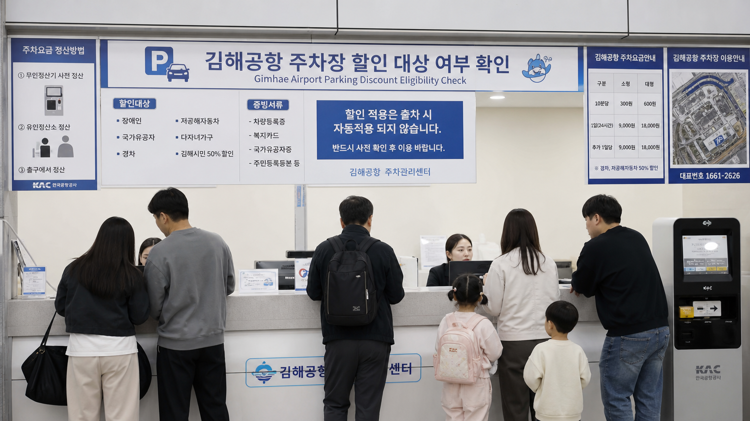 공항 카운터에서 할인 자격 여부를 확인하는 가족과 개인들