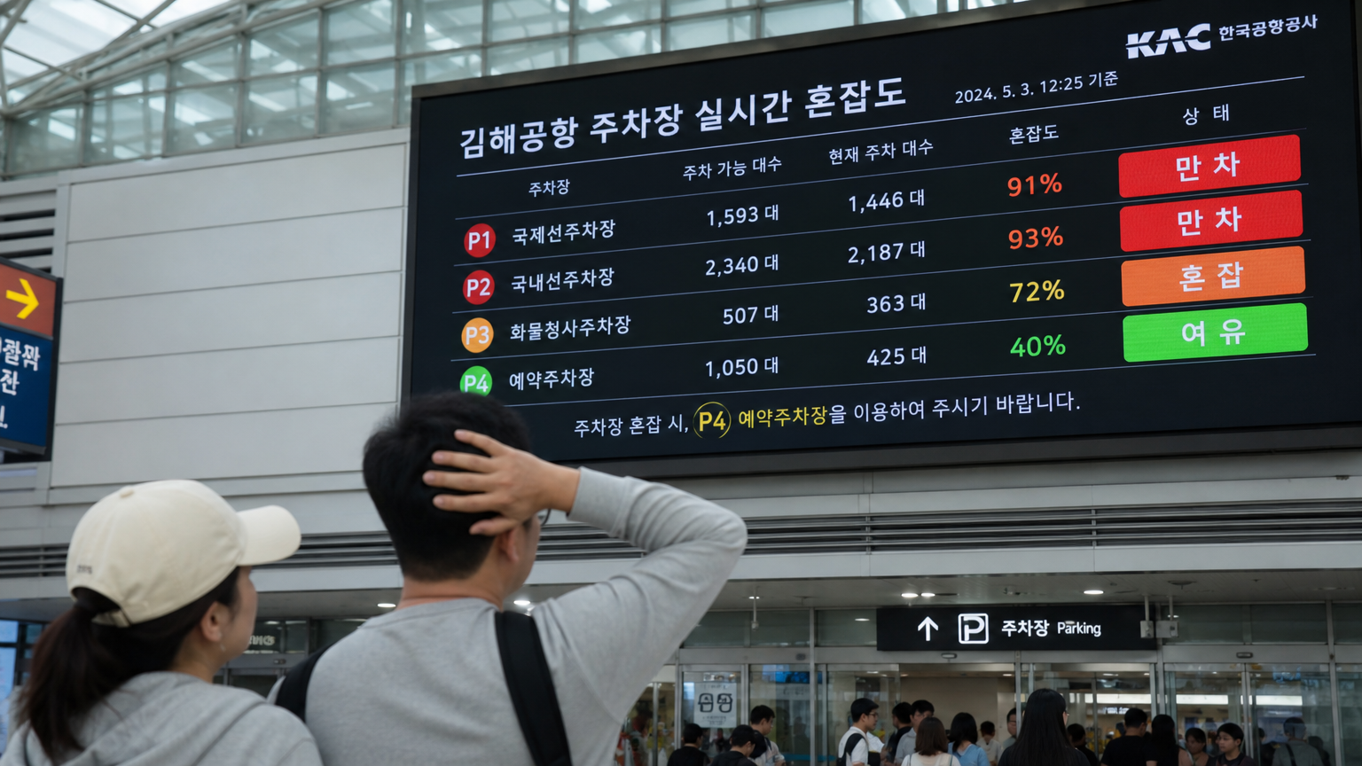 성수기 동안 실시간으로 만차 상태를 보여주는 공항의 디지털 화면