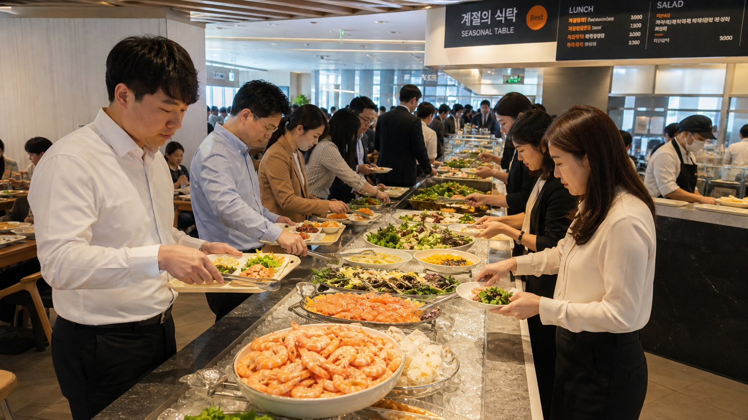 신선한 해산물과 계절 요리가 준비된 샐러드 바에서 음식을 고르는 직장인들의 점심시간