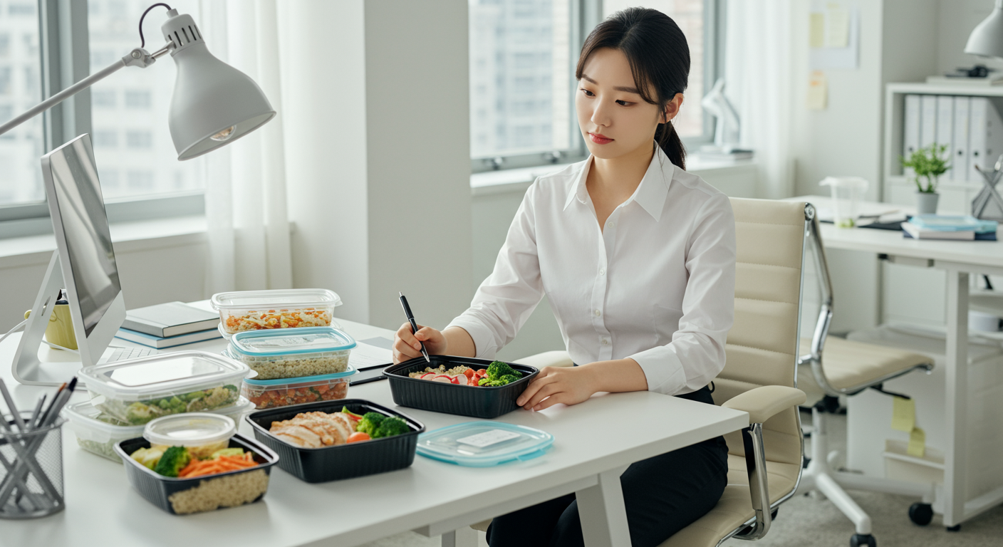 책상 위에 건강식 도시락을 놓고 집중하는 직장인의 모습