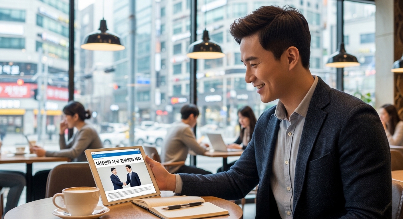서울의 한 카페에서 태블릿으로 정부 대출 지원 뉴스를 읽으며 미소 짓는 현대적 분위기의 사업가 모습