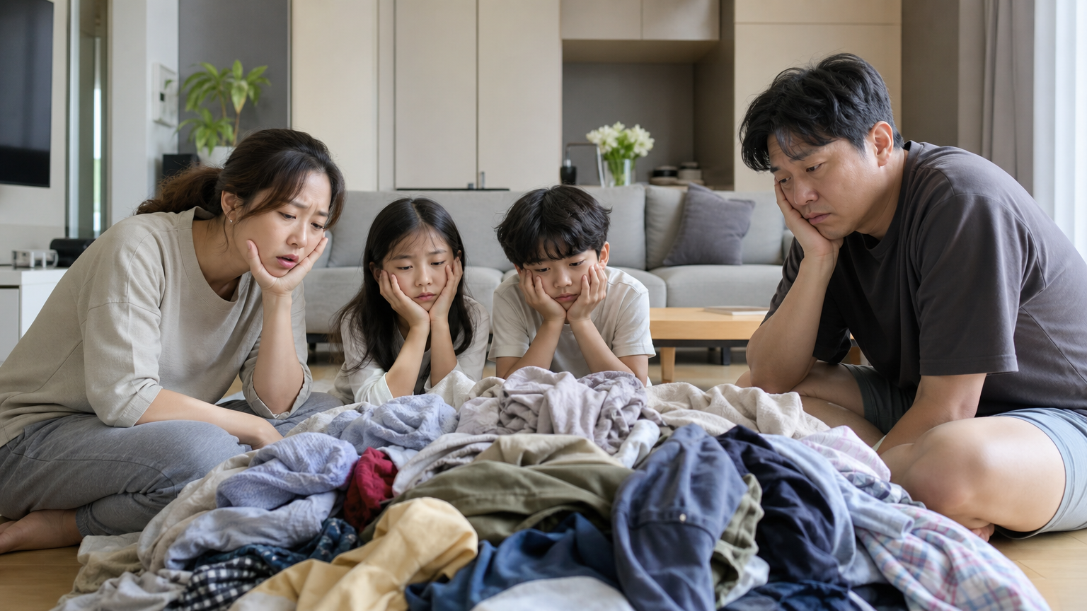 현대적인 거실에서 많은 빨래를 보고 한숨 쉬는 가족의 모습