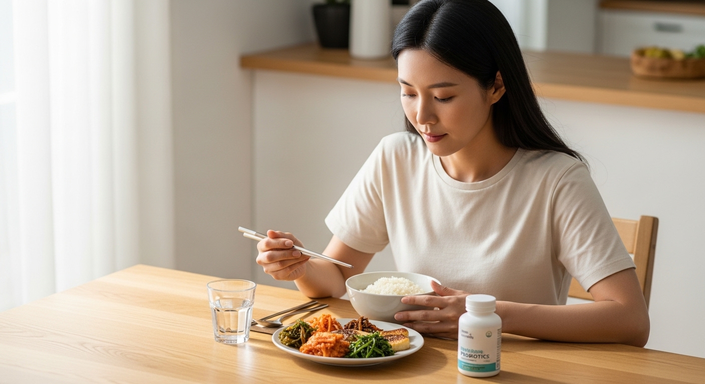 식탁에서 균형 잡힌 식사와 함께 유산균을 복용하는 모습
