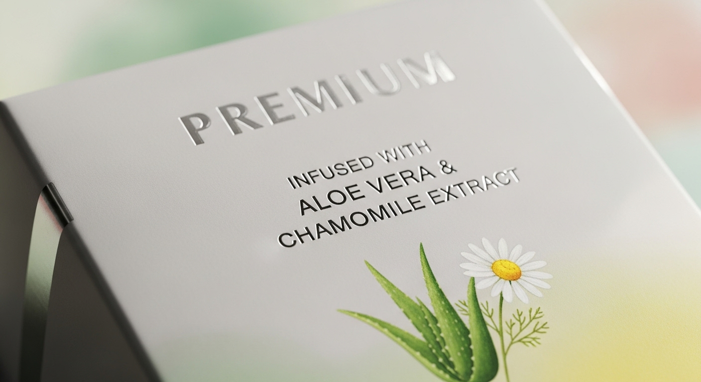 알로에 베라와 카모마일 추출물 등 주요 성분이 강조된 제품 패키지 클로즈업