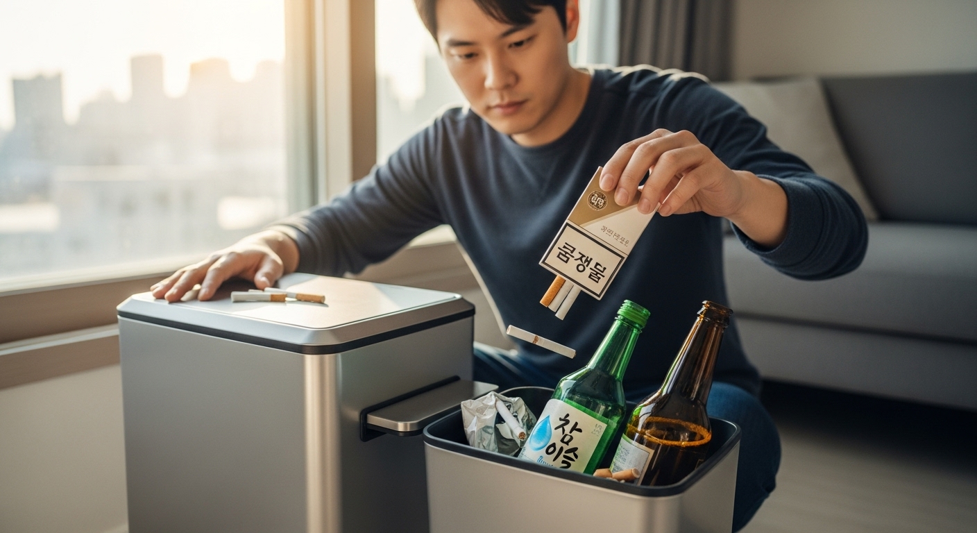 도심 아파트에서 담배와 술병을 버리는 건강한 생활습관을 실천하는 모습