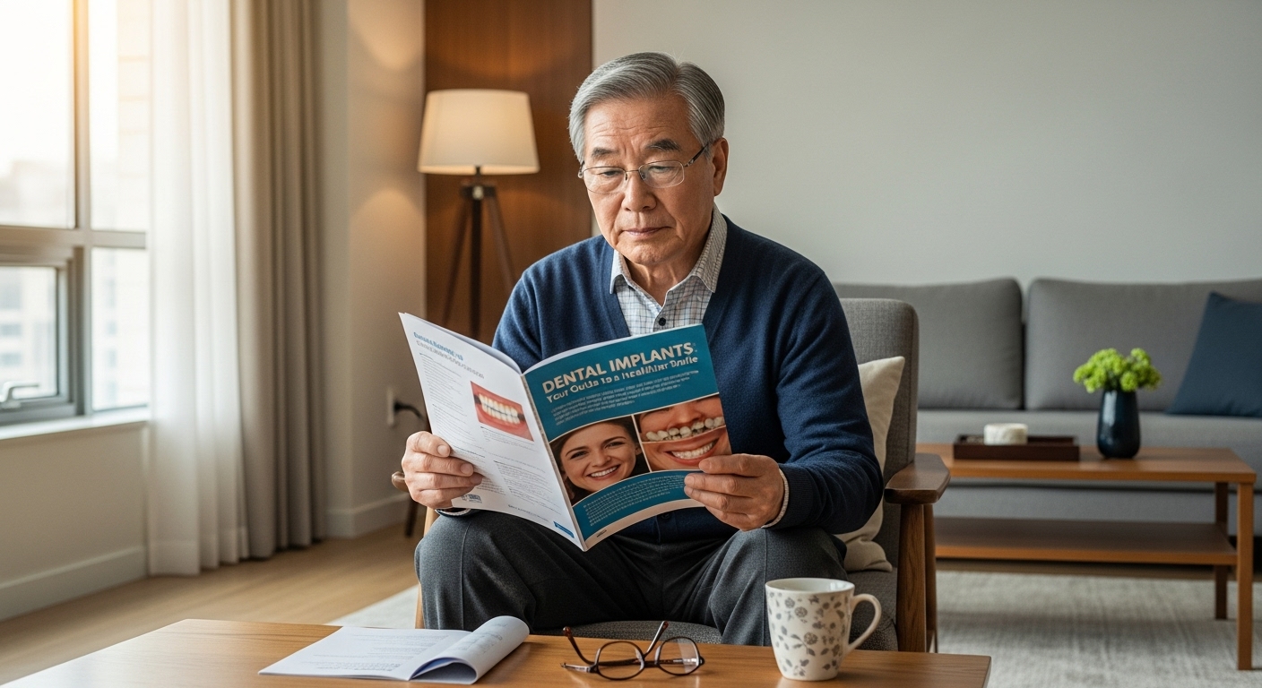 현대적인 거실에서 임플란트 안내 책자를 보는 노년 남성의 모습