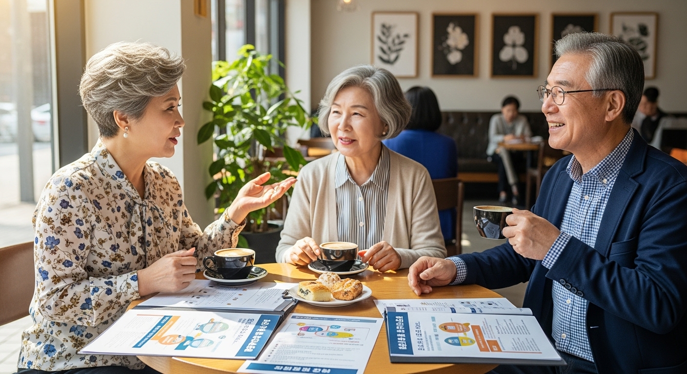 카페에서 보험 계획에 대해 이야기하는 한국 노인들