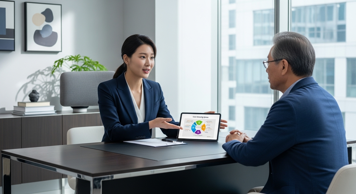 사무실에서 재정 옵션을 설명하는 금융 상담사와 고객