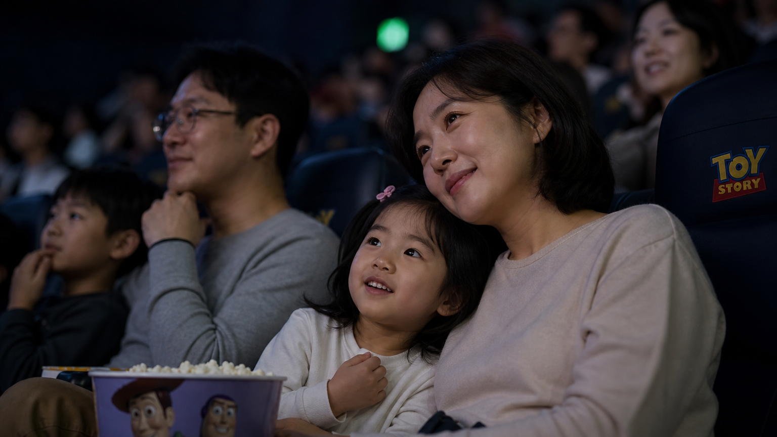 가족들이 극장에서 토이 스토리를 보며 연결성과 향수를 느끼는 모습