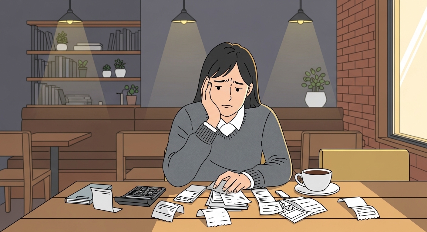 카페에서 고지서와 영수증을 보고 스트레스 받는 소상공인의 모습