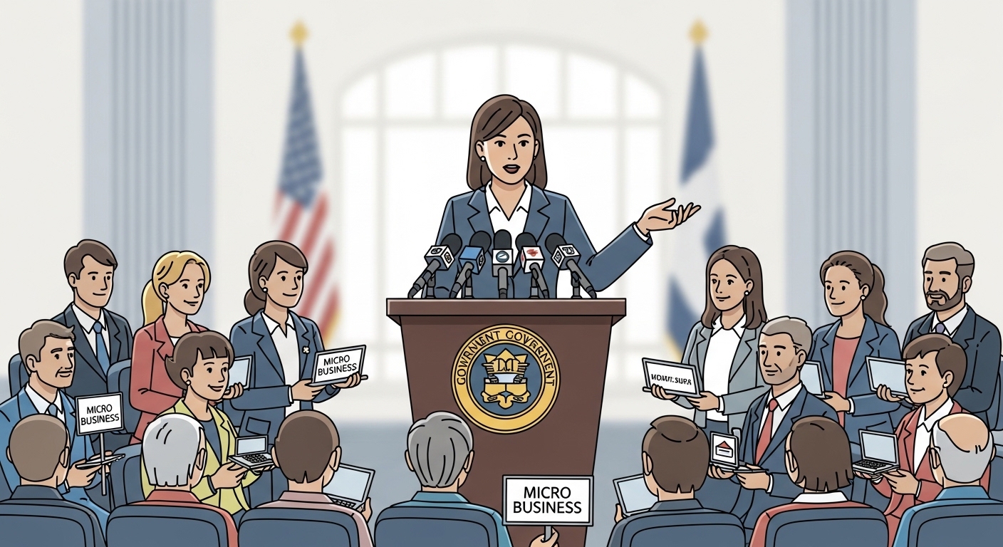 새로운 지원 바우처를 발표하는 정부 관계자와 이를 듣고 있는 청중