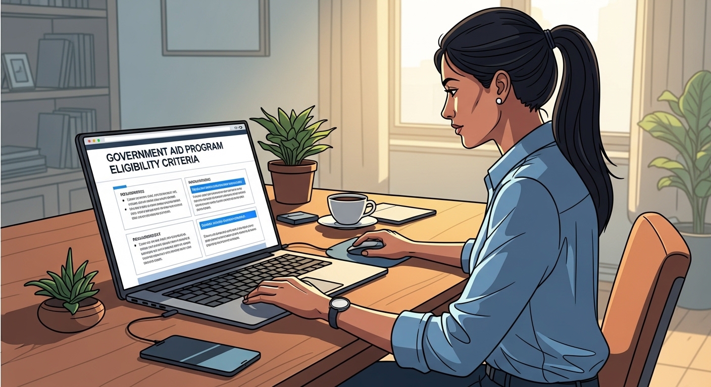 온라인으로 자격 요건을 확인하는 소상공인의 모습