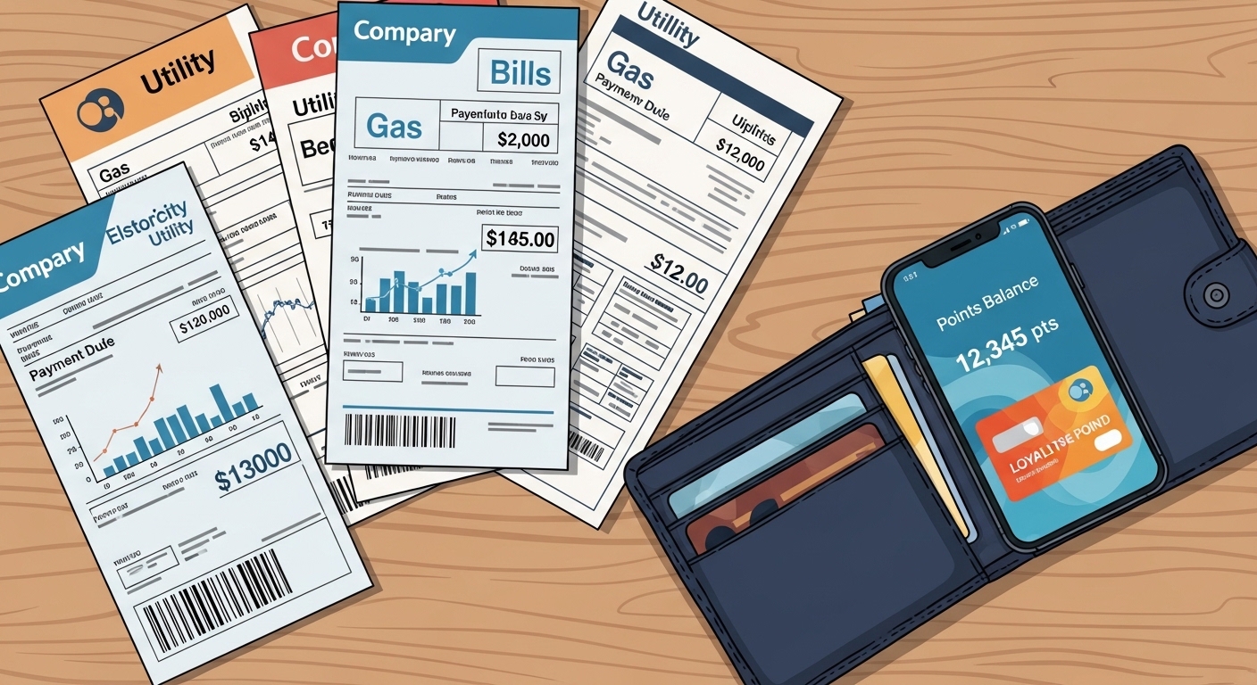 공과금 청구서와 디지털 카드 포인트 잔액이 표시된 지갑