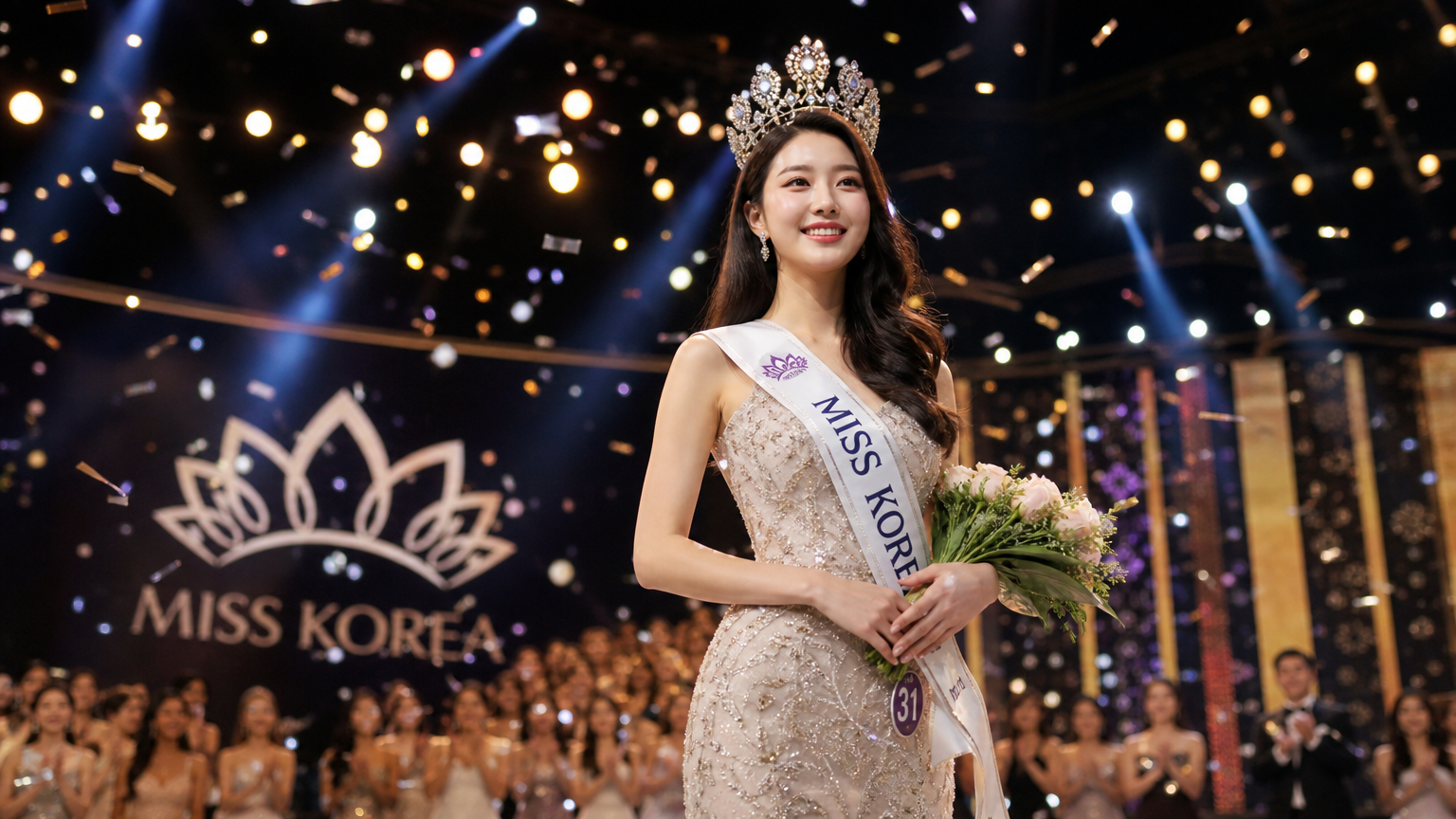 무대 위에서 자신감 있게 서 있는 드레스 입은 여성이 관중 속에서 환호를 받는 모습