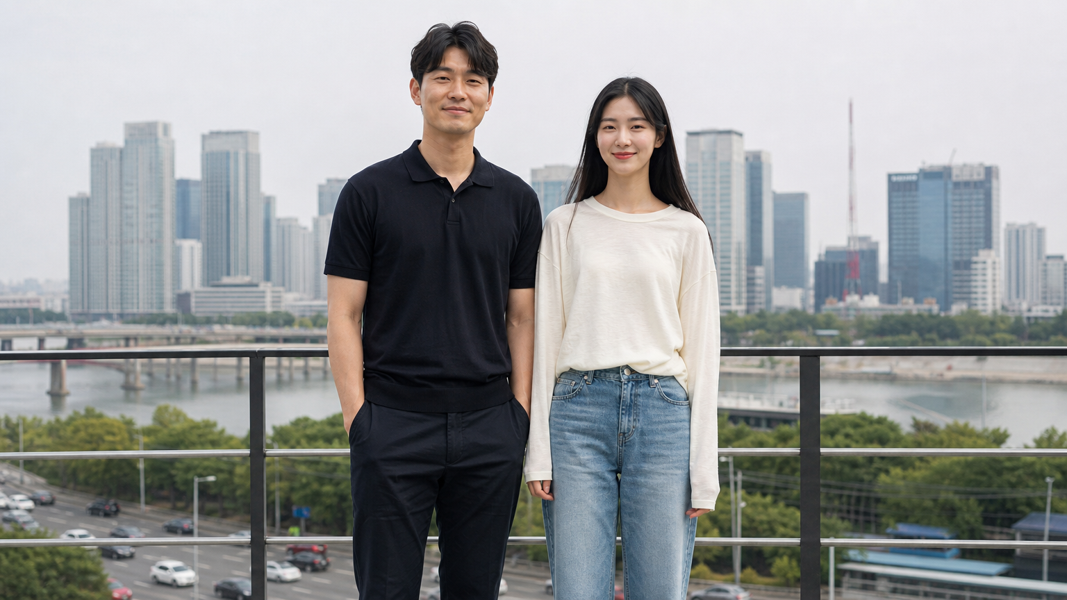 도심 배경 앞에 나란히 서 있는 키가 큰 부녀의 모습