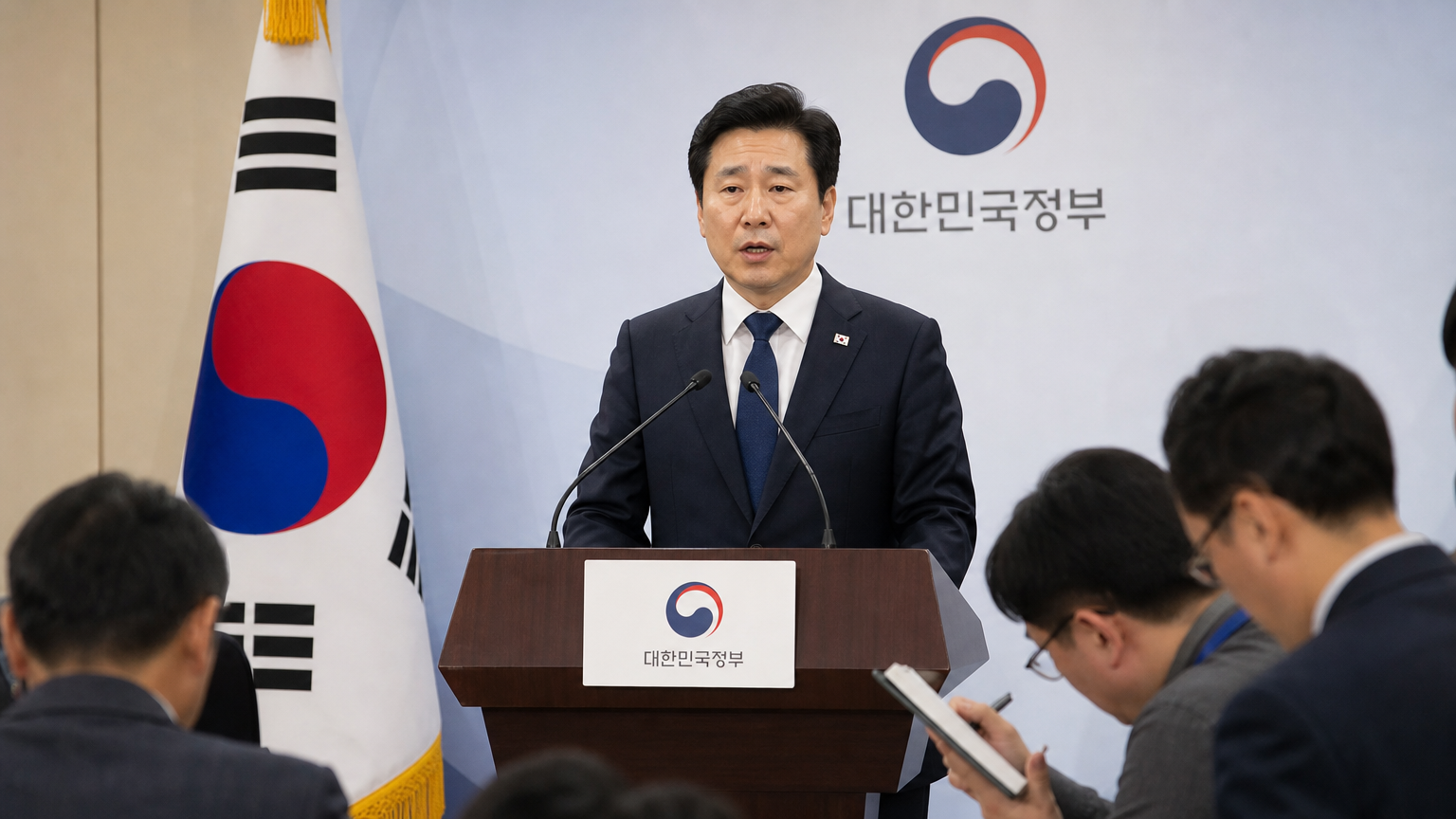 양복을 입고 기자회견에서 발표하는 한국 정치인의 모습