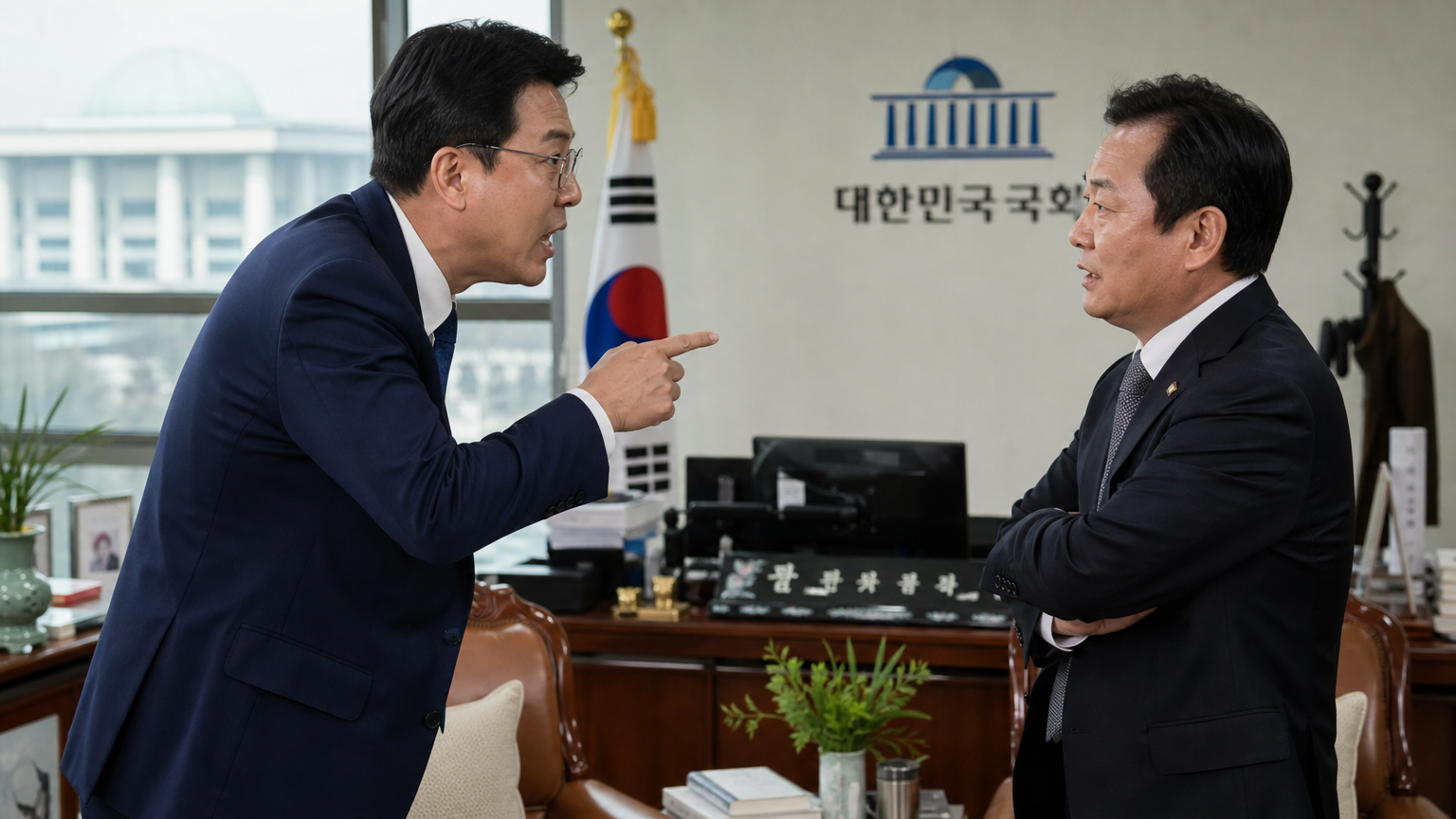 국회의사당 내에서 두 정치인이 격렬히 논쟁하는 장면