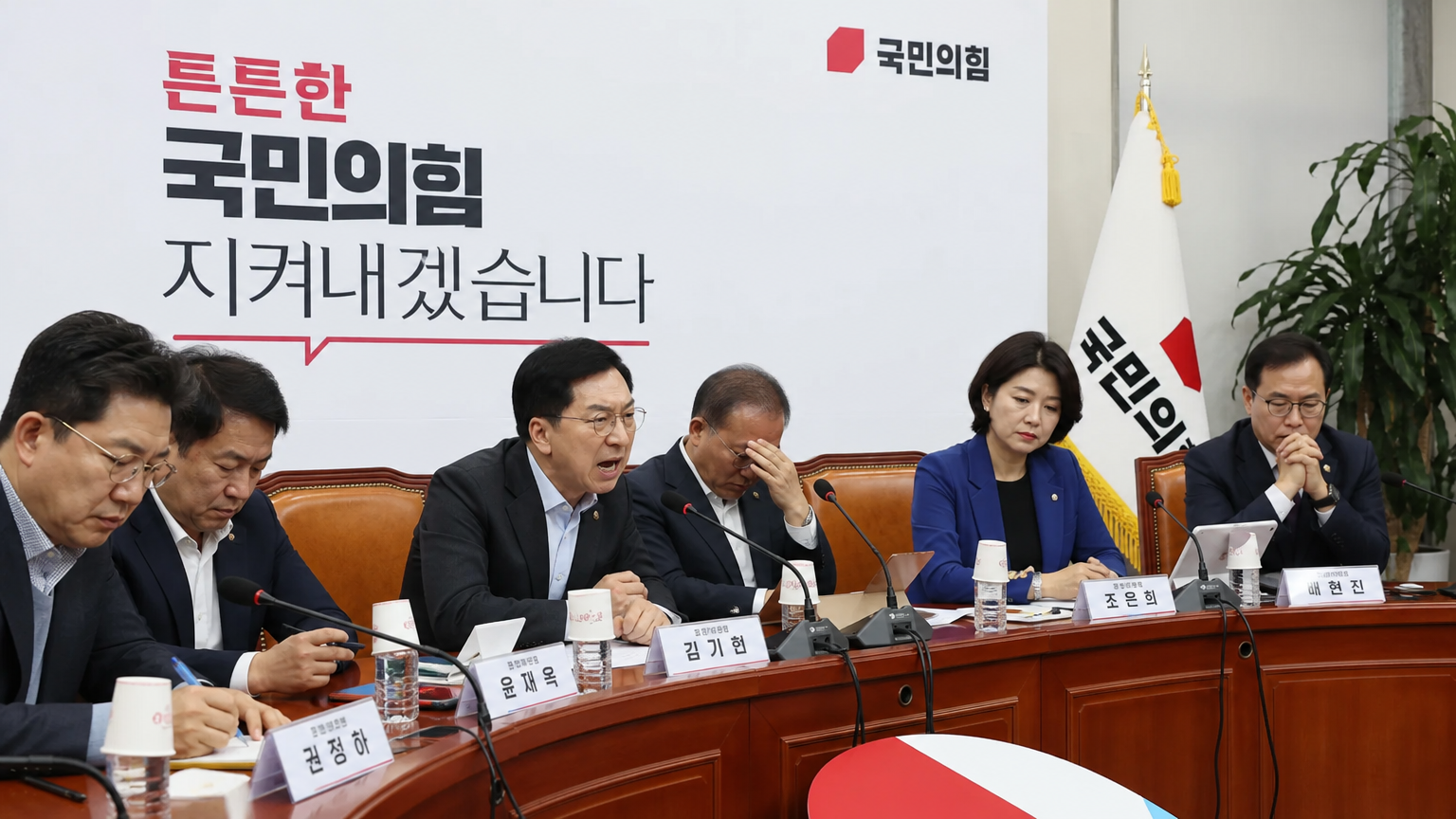 정치인들이 회의실에서 화난 표정을 짓고 있는 모습